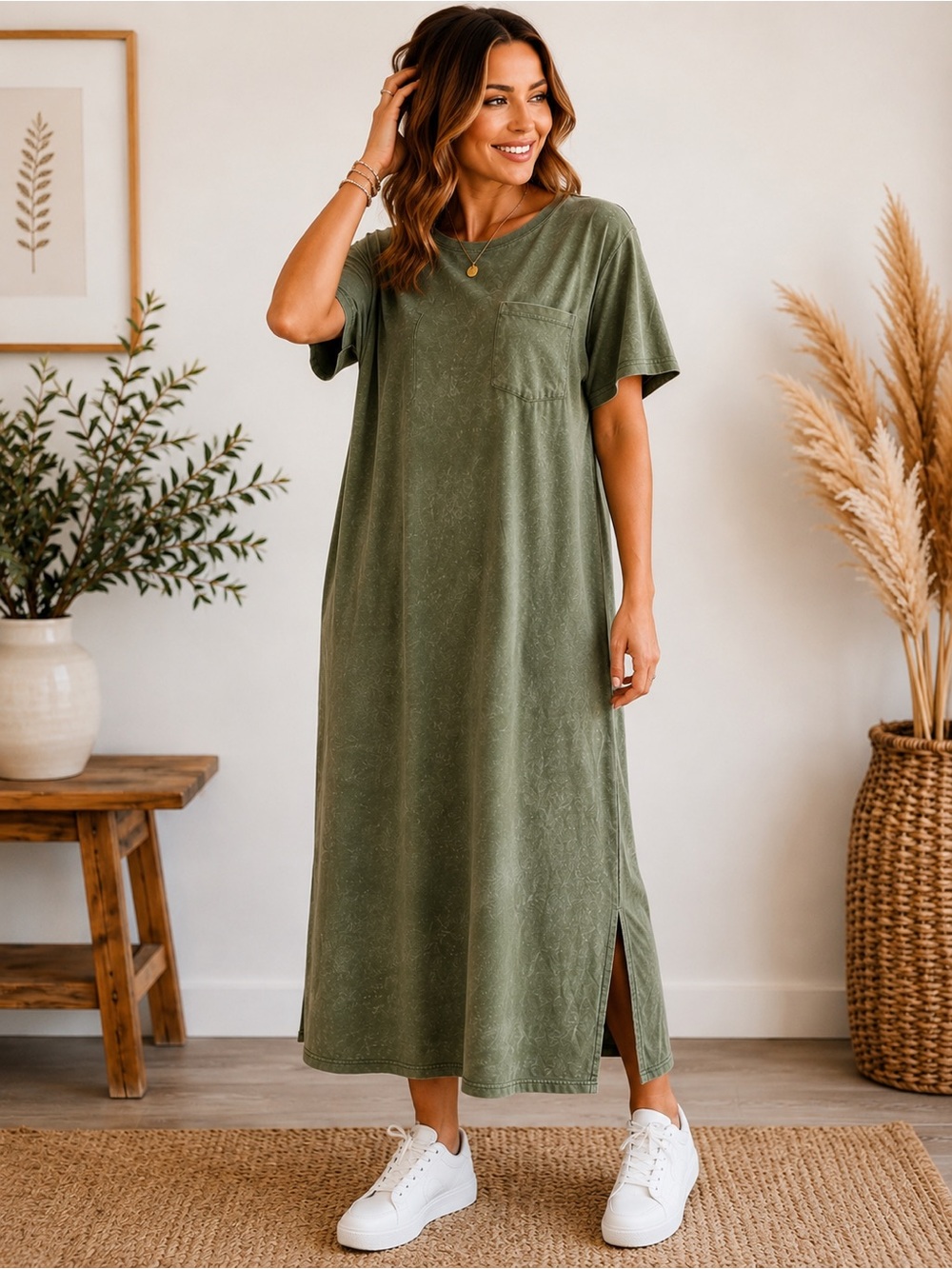NWT Olive Green Mineral Wash T-Shirt Midi Dress Cotton Casual Tee Dress XXL